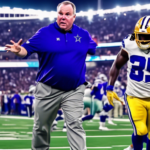 Create an image of Mike McCarthy, the head coach of the Dallas Cowboys, standing on a football field, praising Dalvin Cook. Cook is depicted in a dynamic action pose, showcasing his 'phenomenal feet'