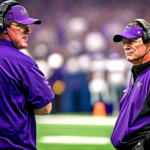 Create an image of a confident Mike Zimmer on the sidelines during a Cowboys game, showcasing his impactful leadership. Surround him with dynamic action shots of skilled linebackers and cornerbacks ma