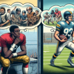 Create an illustration showing a split screen of two football players, Darius Slay on the left reminiscing about his first year in the league, and Quinyon Mitchell on the right during his dynamic rook