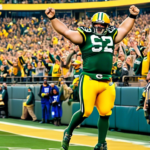 Create an image featuring NFL player David Bakhtiari celebrating exuberantly in a football stadium. He is wearing his Green Bay Packers uniform, with the team logo clearly visible. The scene captures