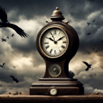 Digital artwork of a vintage clock with football motifs representing the Ravens and Cowboys, set against a dramatic, stormy sky, symbolizing a delayed match.