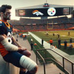 Create an image of a dejected Denver Broncos wide receiver in a team jersey, standing on the sidelines with a wrapped or injured leg, watching his team practice. The scene is set in a football stadium