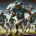 Create an image depicting a fierce American football game with an emphasis on the Philadelphia Eagles. One player, representing Jason Kelce, is shown departing the field, while the rest of the team co