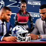 Create an image showcasing an intense NFL negotiation scene. On one side of the table, a confident Dak Prescott is signing a contract with the Atlanta Falcons' logo subtly visible on documents. On the