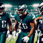 An image of the Philadelphia Eagles football team in a dynamic huddle, with star running back Saquon Barkley at the center, looking determined and ready to burst into action. The background features a