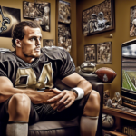 Digital artwork of a thoughtful ex-NFL quarterback watching a football game on TV, surrounded by New Orleans Saints memorabilia, with a look of surprise and admiration as Derek Carr throws a winning t