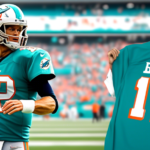 Create a photo-realistic image of Tom Brady wearing a Miami Dolphins jersey, standing on the field in a stadium filled with cheering fans. He should be holding a football, looking determined and ready