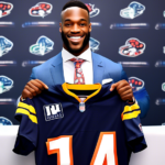 Create an image of NFL wide receiver Ihmir Smith-Marsette smiling as he proudly holds up the jersey of his new team during a press conference. The backdrop features the new team's logo and colors, and