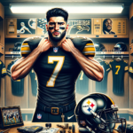 Create a digital illustration of a professional football player wearing a uniform in a locker room. The player is taking off his current team jersey, revealing a Pittsburgh Steelers jersey underneath.