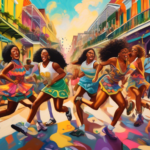 Artistic depiction of a lively New Orleans street scene with elements symbolizing various styles of girlfriends merged into depictions of football players in action, embodying traits of the 2024 New O