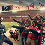 Create an image of a humorous scene in a football stadium where Falcons supporters are laughing and pointing towards the field. The Eagles coach is shown in mid-celebration with outstretched arms and