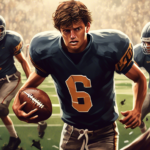 Create a detailed illustration of a tense football game featuring a despondent first-year quarterback holding a football amidst a chaotic field. Surround him with struggling teammates and determined o