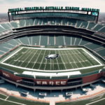 Create an image showing five key question marks surrounding an American football stadium. Each question mark features an element related to the Philadelphia Eagles, such as a football player, the team