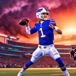 An artistic digital painting of Buffalo Bills quarterback Josh Allen throwing a football during a dramatic sunset game against the Jacksonville Jaguars, with futuristic data and analytics visualizatio