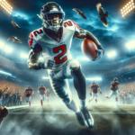 Create an action-packed image of a former Alabama High School football star, now an NFL player, wearing a Falcons uniform. He is surrounded by the excitement of a Monday Night Football game, with stad