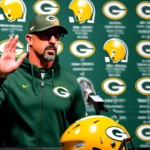 Create an image that features Green Bay Packers head coach Matt LaFleur in a press conference setting, speaking with enthusiasm and using hand gestures while discussing the Indianapolis Colts. Surroun