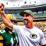 Create an illustration of Green Bay Packers' Head Coach Matt LaFleur on the sidelines, celebrating an impressive victory. In the background, Malik Willis, the standout player of the game, is seen rece