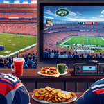 Create an image that features a lively American football game between the New England Patriots and the New York Jets. In the foreground, show enthusiastic fans watching the game on a large TV screen a