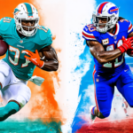 Create an image that depicts a dynamic American football scene showing the Miami Dolphins and the Buffalo Bills in action. Include contrasting elements to represent the highlights and lowlights of the