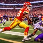 An action-packed football scene featuring Chiefs' wide receiver Rashee Rice breaking away from Ravens' defenders, showcasing dynamic movement and determination. Highlight the strategic positioning and