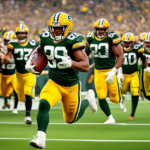 Create an image showing Josh Jacobs in a Green Bay Packers uniform making a triumphant run down the football field, surrounded by cheering fans in the stadium. In the background, show a scoreboard ind