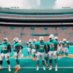 Create an image that depicts the Miami Dolphins' football field with a clear empty space in the defensive line where Christian Wilkins would typically be. The remaining players look slightly disorient