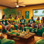 A detailed illustration of Brazilian football fans gathered in a lively living room, decorated with both Green Bay Packers and Philadelphia Eagles memorabilia. They are watching the game on a large fl