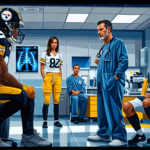 Digital artwork of a somber Pittsburgh Steelers medical team discussing an X-ray in a high-tech training room, with clearly visible Steelers logos and an injured offensive lineman sitting in the backg