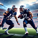 Create a cinematic, high-intensity sports illustration featuring a team of modern football players in New England Patriots uniforms facing off against a team reminiscent of their past rivals. The scen