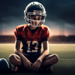 Create an emotional and expressive illustration of a young athlete sitting on a deserted football field at dusk, wearing his team uniform and holding a helmet in his hands. His face reflects a sense o