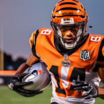 Create an image of Ja'Marr Chase, the star wide receiver for the Cincinnati Bengals, energetically practicing on a football field. He should be in his Bengals uniform catching a football with perfect