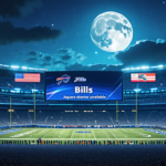 Digital illustration of a deserted football stadium under moonlit sky with a large digital scoreboard displaying the Jaguars vs. Bills game, highlighting an announcement that the Jaguars' starter is u