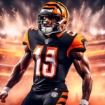 Create an image capturing NFL star Ja'Marr Chase in a powerful stance, wearing his Cincinnati Bengals uniform, with a determined expression on his face. In the background, show the looming presence of