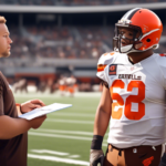 Create a photorealistic image of a professional football player in a Cleveland Browns uniform standing on the sidelines of a stadium. The player, identified as Jedrick Wills, is seen talking to a coac