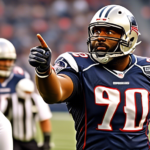 Create an image of Jerod Mayo confidently pointing towards a football field, with a well-coordinated and strong offensive line in the background. The players should look focused and well-prepared, to