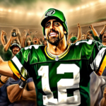 A digital painting of a triumphant Aaron Rodgers, quarterback for the New York Jets, surrounded by teammates, the crowd cheering loudly, under the bright stadium lights, capturing a moment of intense