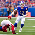 Create an image of Josh Allen in his Buffalo Bills uniform, showcasing a dynamic action shot as he makes an impressive play against the Arizona Cardinals. The stadium is buzzing with excitement, and t