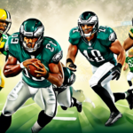 Create an illustration capturing the excitement of a Week 1 NFL game between the Philadelphia Eagles and the Green Bay Packers set in a vibrant Brazilian stadium. Highlight key player matchups on the