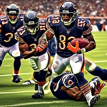 Create an image depicting the excitement and intensity of a football game between the Chicago Bears and the Houston Texans. Focus on key players from both teams in action, a packed stadium, and dynami