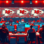 An artistic depiction of a bustling newsroom filled with reporters and journalists, eagerly discussing and writing about the latest updates on the Kansas City Chiefs, with computer screens displaying