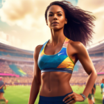 Create an image of a woman named Maggie, who is in athletic wear, showcasing her toned six-pack abs as she stands confidently in a vibrant sports stadium. The crowd and the field in the background sug