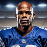 Create an image of Marvin Harrison Jr. standing confidently on a football field, wearing his full team uniform with a determined expression. The background should show a mix of his past achievements,