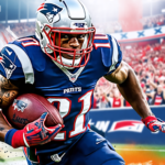 Create an image showing football running back Antonio Gibson in a New England Patriots uniform, charging down the field with determination. The stadium is filled with cheering fans, with Patriots’ ban