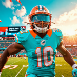 Create an image of a dynamic Miami Dolphins football player in action on the field, wearing the team’s vibrant aqua and orange uniform. In the background, include the Hard Rock Stadium bustling with e