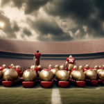 An imaginative football field where a majestic, crowned monarch stands holding a golden football, making a strategic decision as players from the Colts and Niners line up eagerly, ready to attempt usi