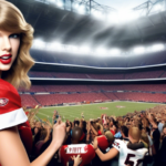 Create an image of a television broadcast of a Bears-Texans football game, but cleverly incorporate Taylor Swift into the scene. Show her in ways that blend naturally into the sports environment, such