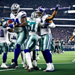 Create an image depicting the NFC East division in the NFL: Show a jubilant scene with the Philadelphia Eagles and Dallas Cowboys players celebrating their victories, and a contrasting somber scene wi