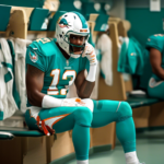 Create an image depicting a somber NFL player in Miami Dolphins’ uniform sitting on a locker room bench, looking contemplative and holding his helmet. The scene should have a clear indication of a rec