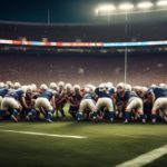 An NFL game under bright stadium lights, with players wearing rugby-style scrum caps, engaging in an intense play. The football field is marked with traditional yard lines and goal posts in the backgr