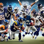 An action-packed collage of NFL scenes, showcasing dramatic moments from Week 2 games. Include images of key players both celebrating and looking dejected to represent the risers and fallers. Ensure e